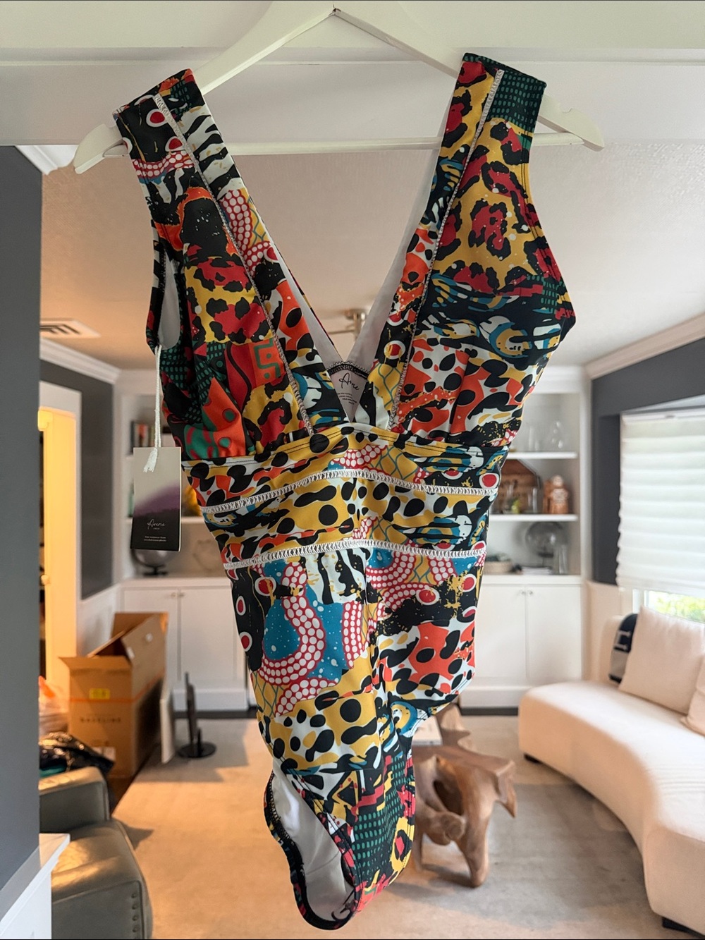 Abstract Multi-Print V-Neck One-Piece Swimsuit - Multi